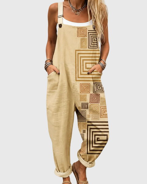 Wendy — Beige Geometric Print Overalls