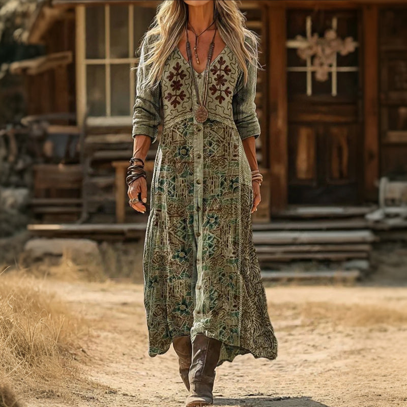 Theodora — Sage Floral Boho Boho Maxi Dress