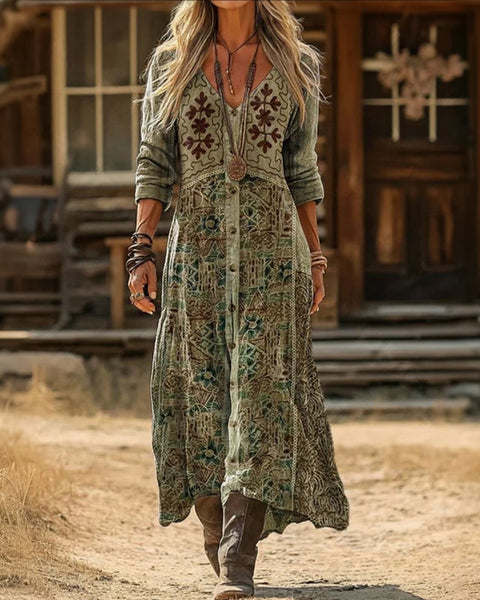 Theodora — Sage Floral Boho Boho Maxi Dress