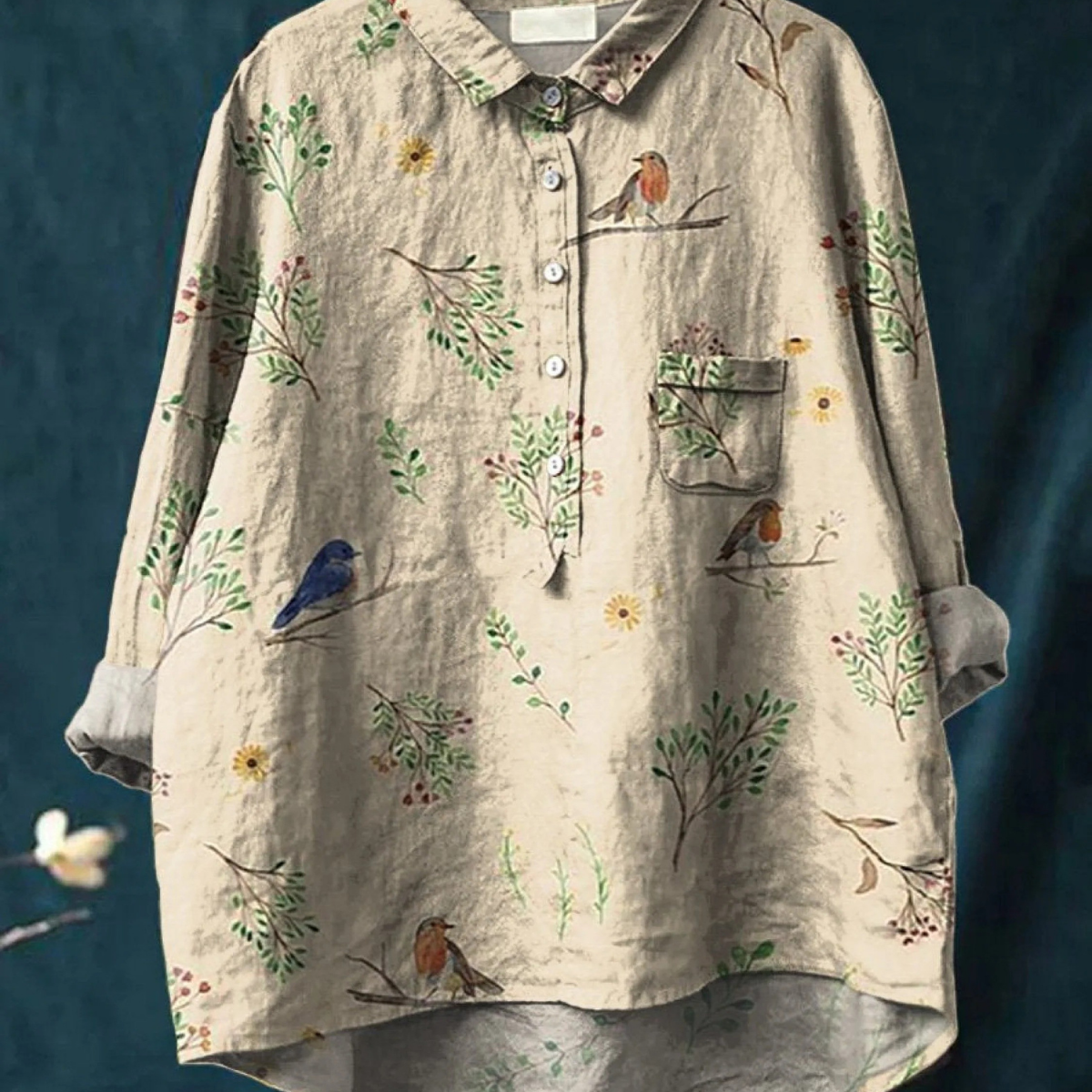 Minerva — Robin and Boughs Print Button-Up Blouse