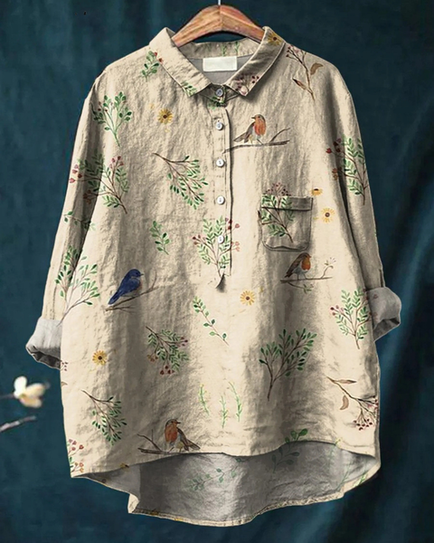 Minerva — Robin and Boughs Print Button-Up Blouse