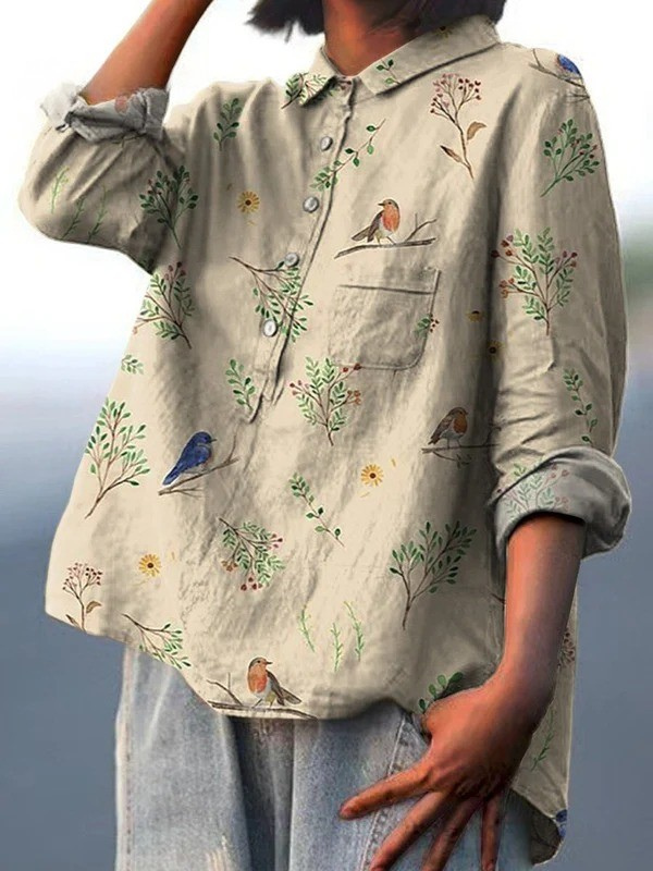 Minerva — Robin and Boughs Print Button-Up Blouse