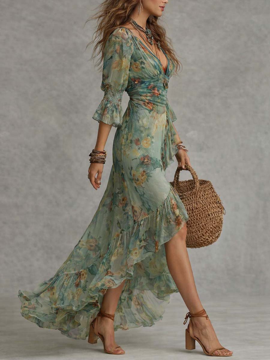Alkmene — Sage Floral V-Neck Maxi Dress with Defined Waist