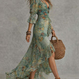 Alkmene — Sage Floral V-Neck Maxi Dress with Defined Waist