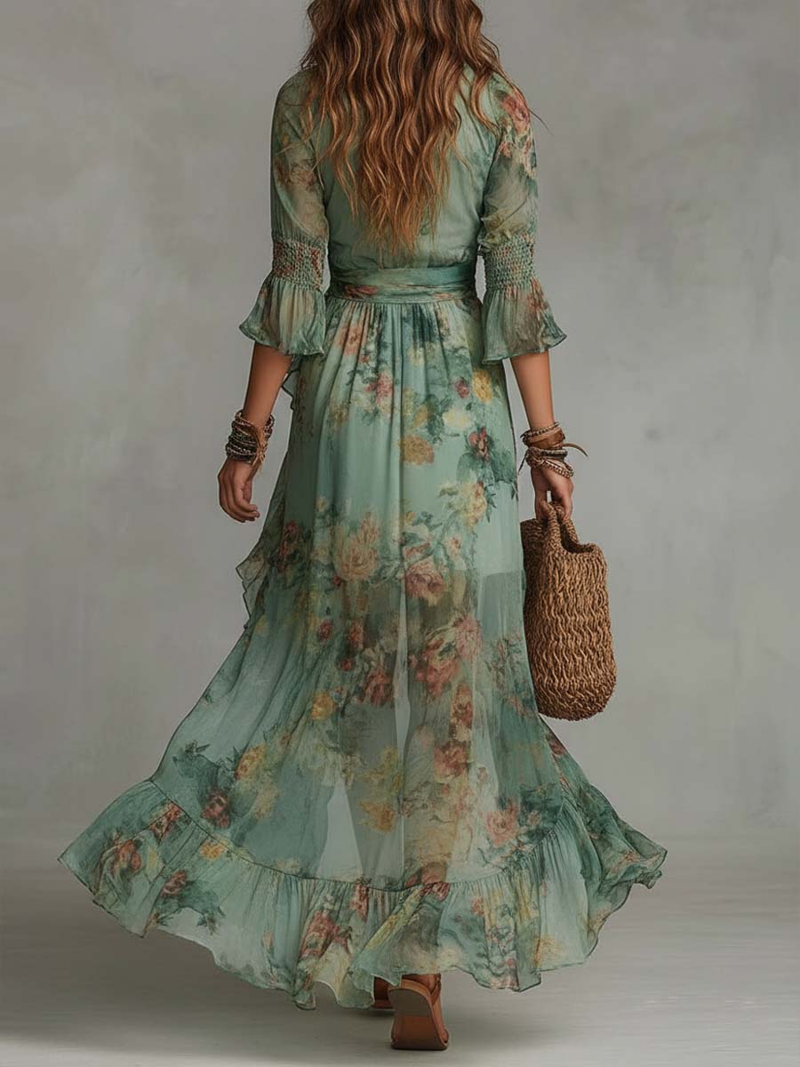 Alkmene — Sage Floral V-Neck Maxi Dress with Defined Waist