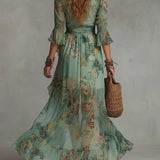 Alkmene — Sage Floral V-Neck Maxi Dress with Defined Waist