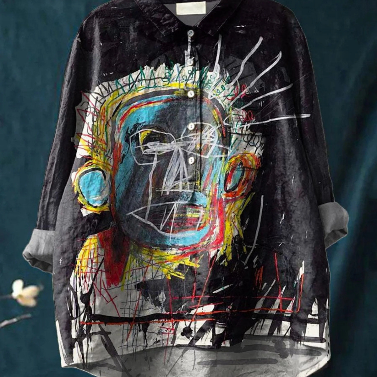 Gunhild — Abstract Portrait Print Button-Up Blouse