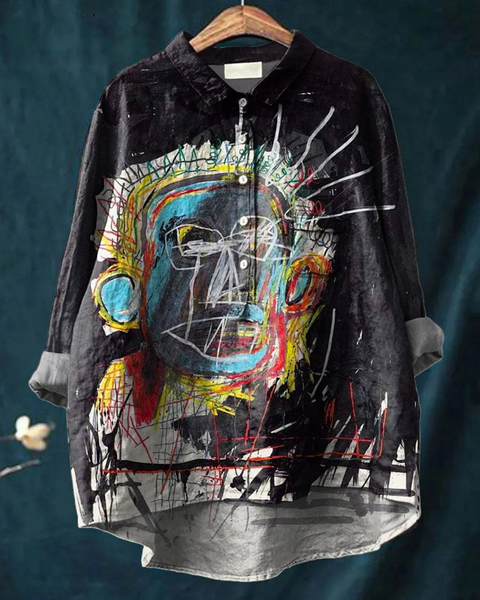 Gunhild — Abstract Portrait Print Button-Up Blouse