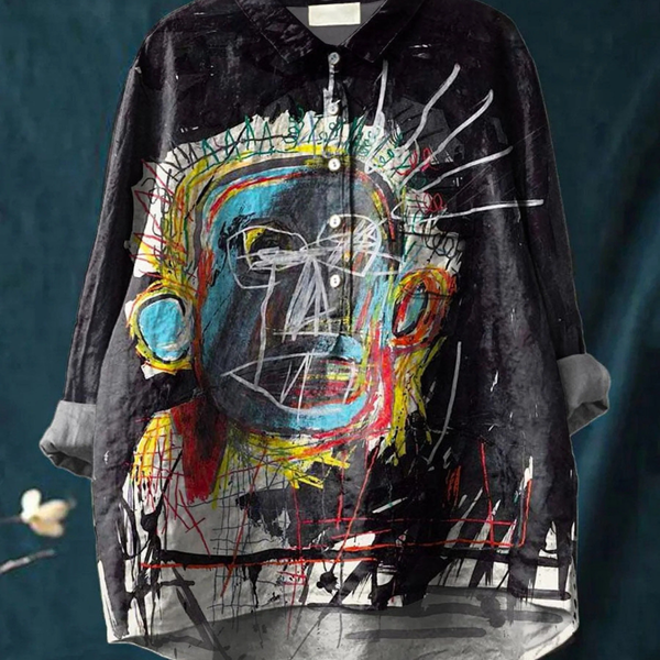 Gunhild — Abstract Portrait Print Button-Up Blouse