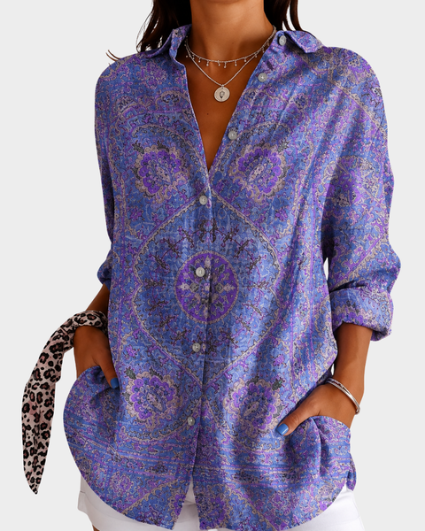 Mirela — Blusa Lilás com Estampa Ornamental