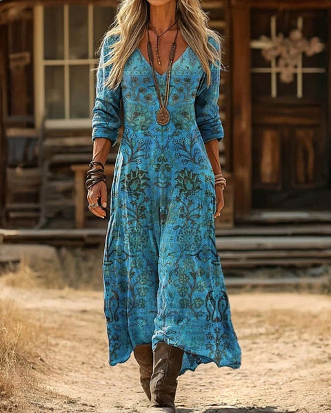 Jacqueline — Teal Floral Boho Boho Maxi Dress