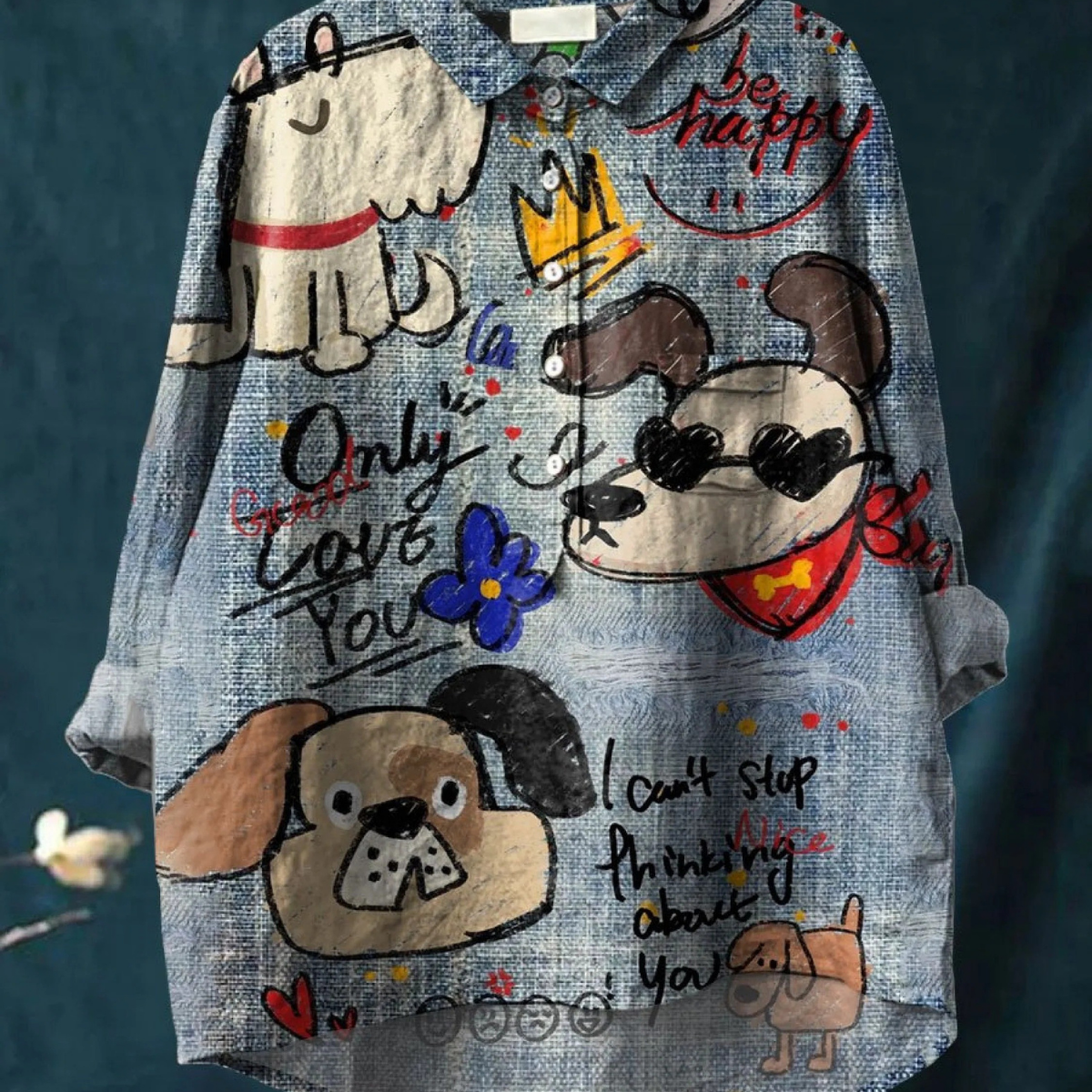Amalthea — Sketched Dogs Print Button-Up Blouse