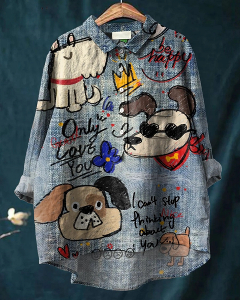 Amalthea — Sketched Dogs Print Button-Up Blouse