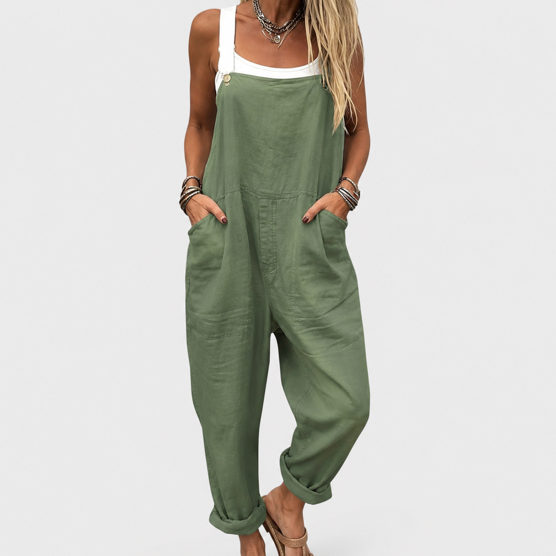 Hattie — Sage Green Relaxed Overalls