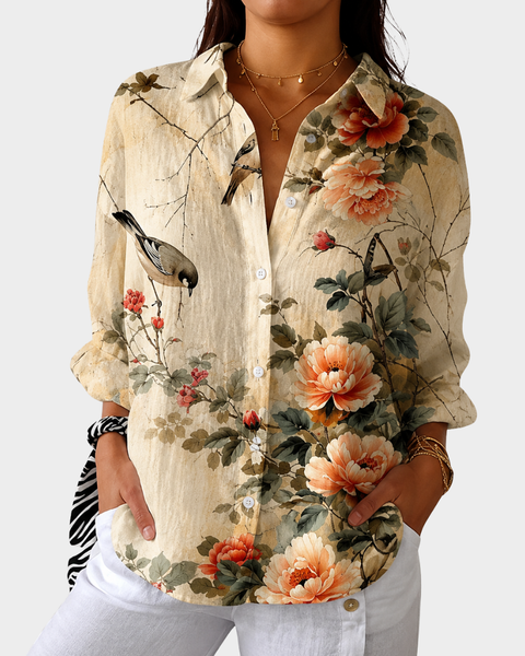 Manuela — Blusa Peônias e Pássaros