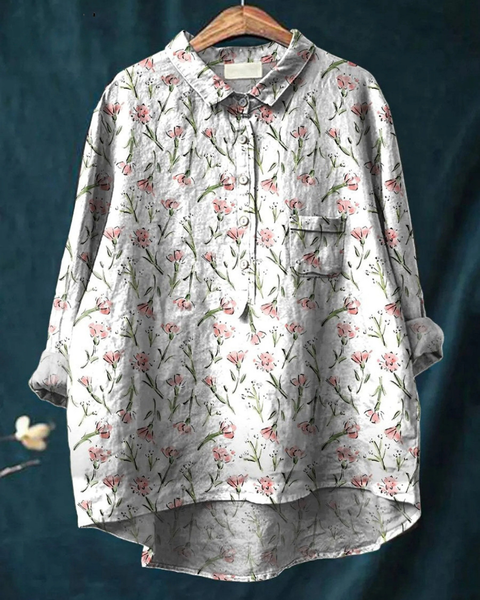 Glenda — White Ditsy Sprig Print Button-Up Blouse