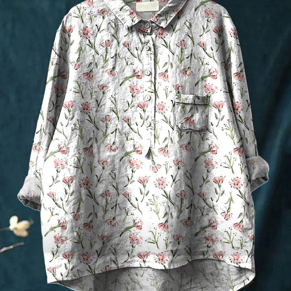 Glenda — White Ditsy Sprig Print Button-Up Blouse