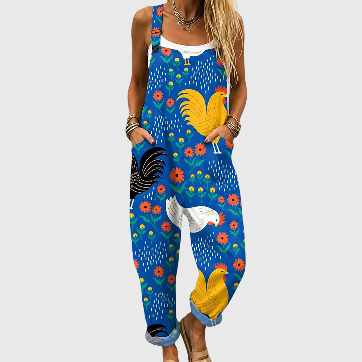 Ulrika — Blue Rooster Print Overalls