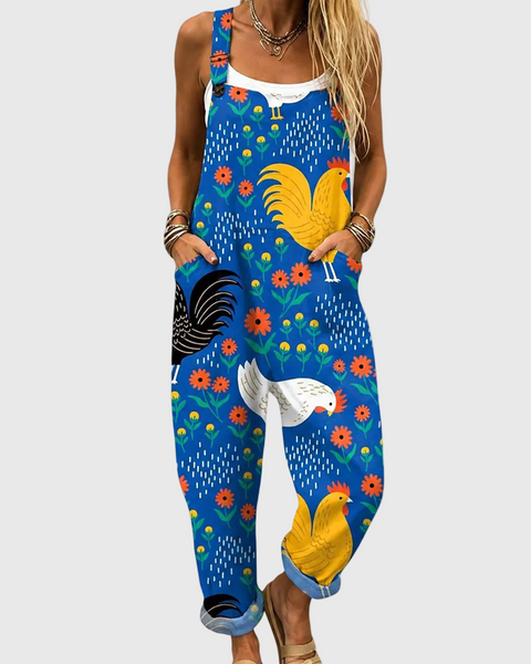 Ulrika — Blue Rooster Print Overalls