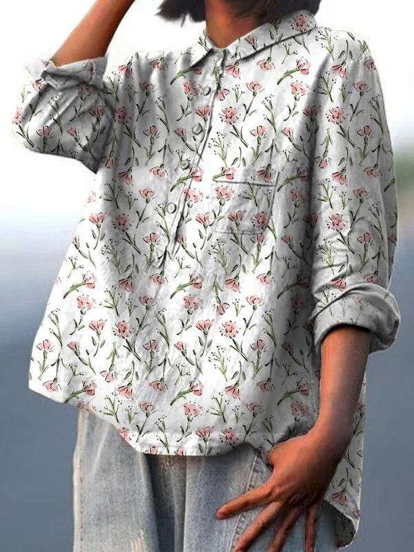 Glenda — White Ditsy Sprig Print Button-Up Blouse
