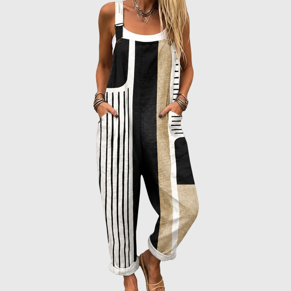 Florrie — Black and White Stripe Patchwork Overalls