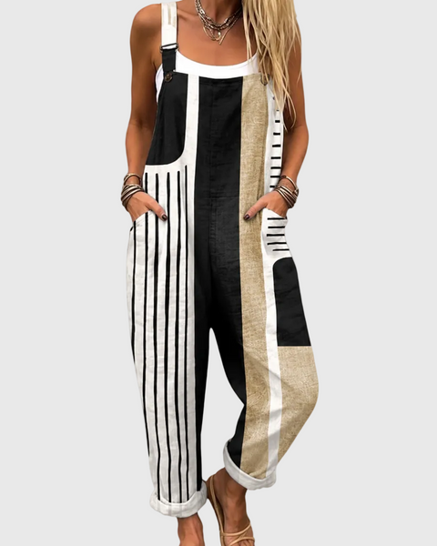 Florrie — Black and White Stripe Patchwork Overalls