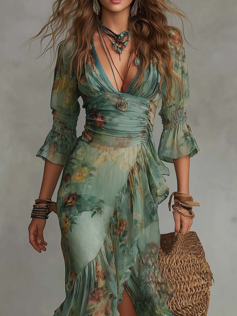 Alkmene — Sage Floral V-Neck Maxi Dress with Defined Waist