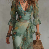 Alkmene — Sage Floral V-Neck Maxi Dress with Defined Waist