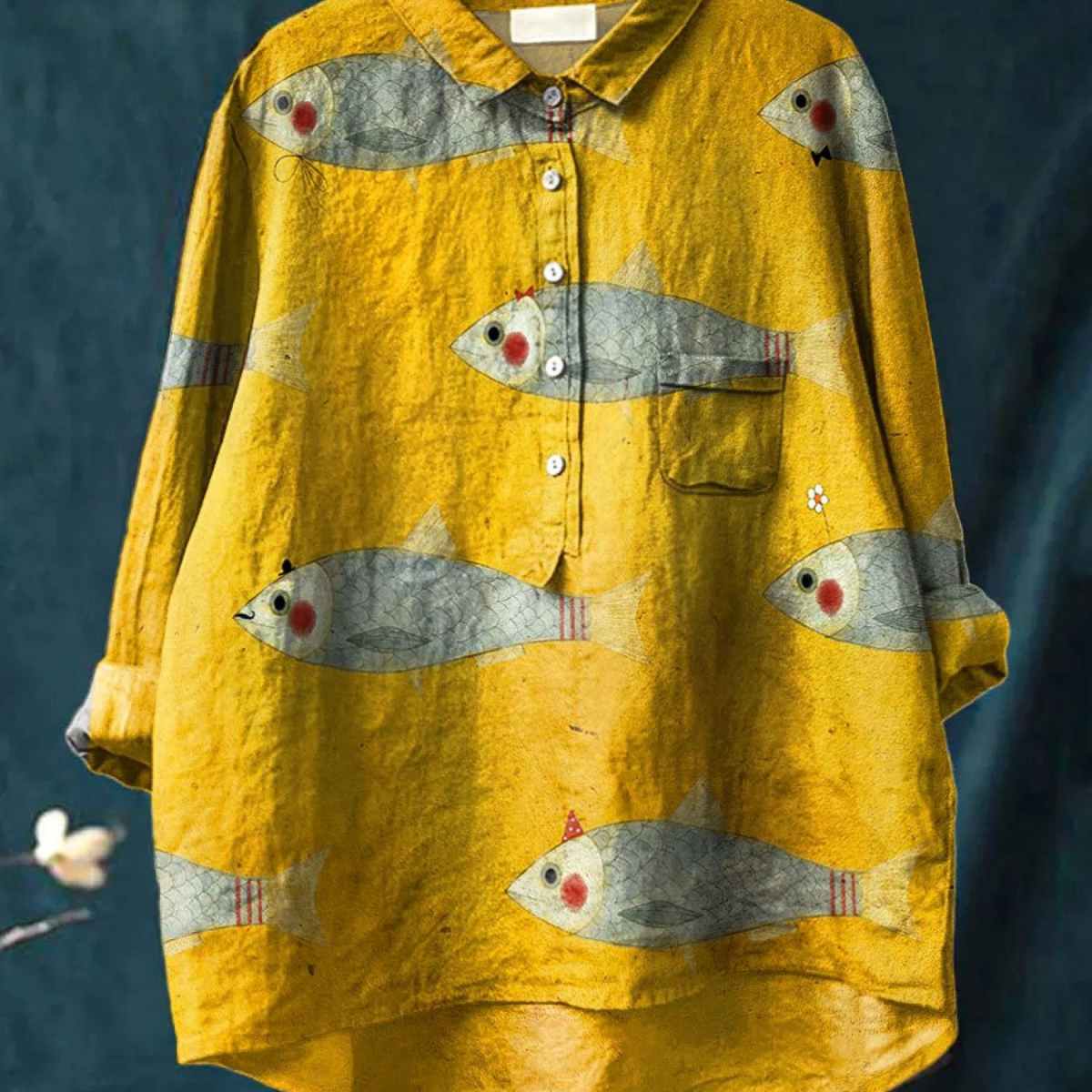 Clothilde — Yellow Sardine Print Button-Up Blouse