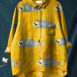 Clothilde — Yellow Sardine Print Button-Up Blouse