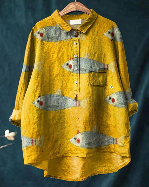 Clothilde — Yellow Sardine Print Button-Up Blouse