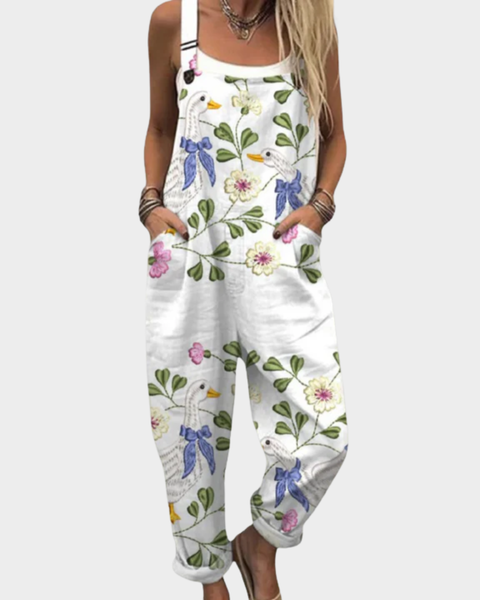 Letitia — White Floral Vine Print Overalls