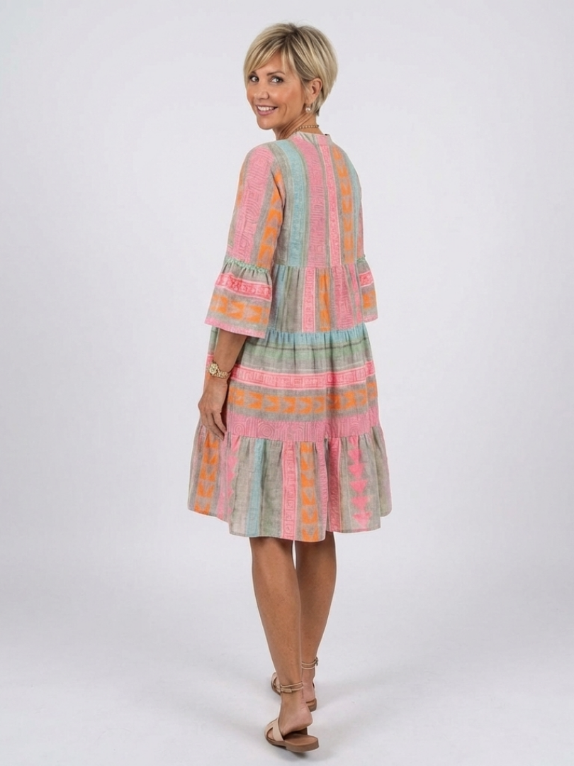 Fainche — Colour-Block Print Tiered Knee-Length Dress with V-Neck and Bell Sleeves