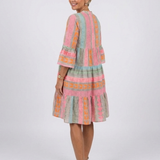 Fainche — Colour-Block Print Tiered Knee-Length Dress with V-Neck and Bell Sleeves