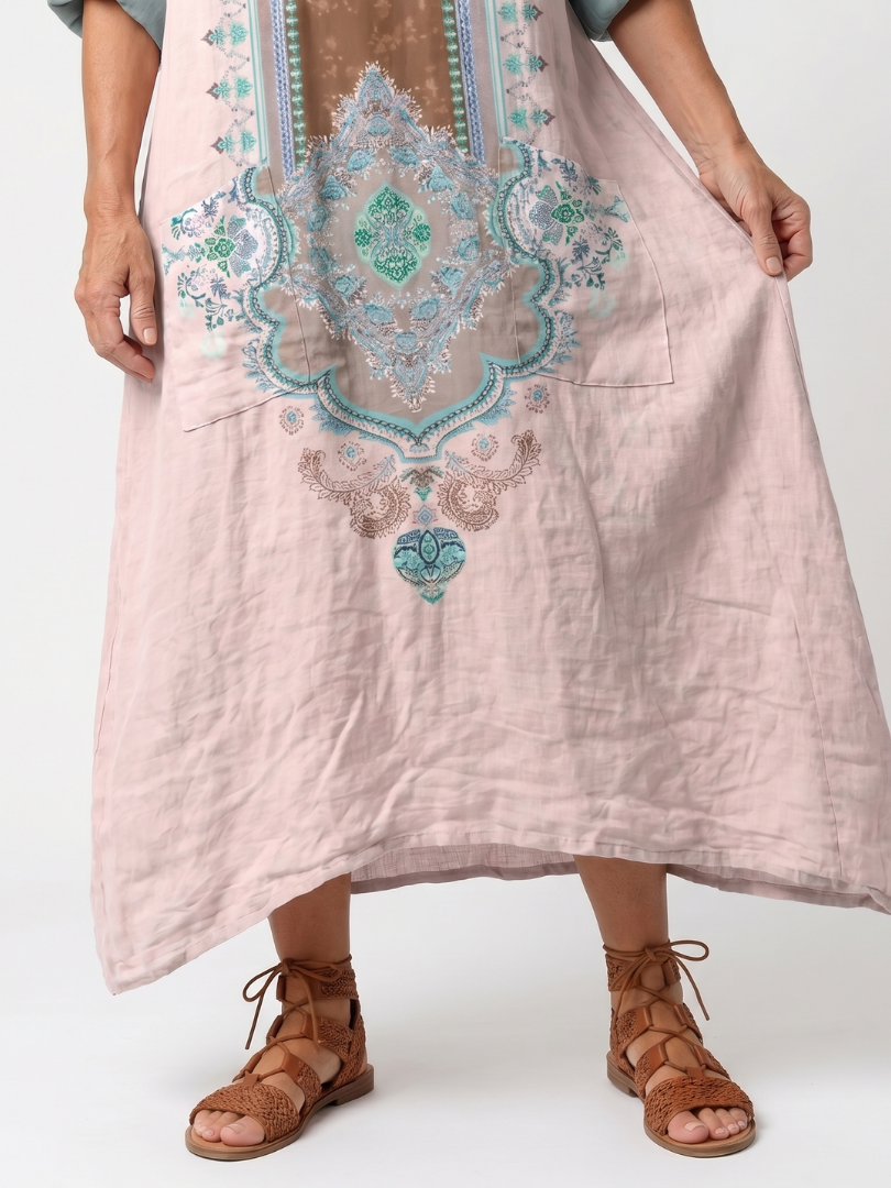 Dorit — Blush Pink Embroidered-Panel Relaxed Midi Dress with Pockets