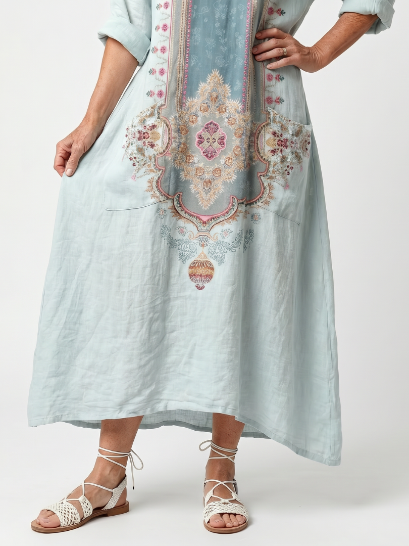 Fredrika — Pale Blue Ornate-Panel Relaxed Midi Dress with Pockets