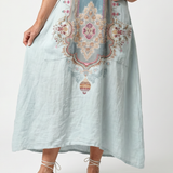 Fredrika — Pale Blue Ornate-Panel Relaxed Midi Dress with Pockets