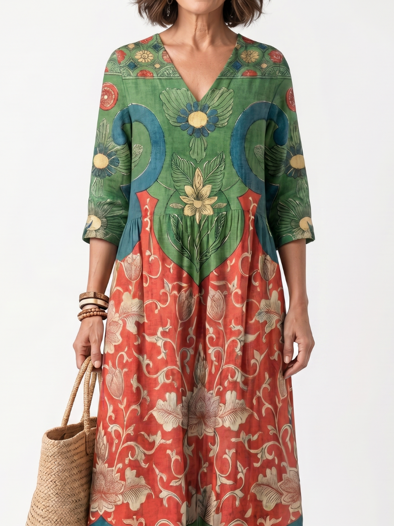 Ellisif — Green and Red Mixed-Print V-Neck Midi Dress with Pockets