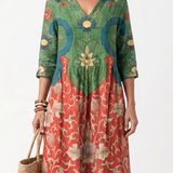 Ellisif — Green and Red Mixed-Print V-Neck Midi Dress with Pockets