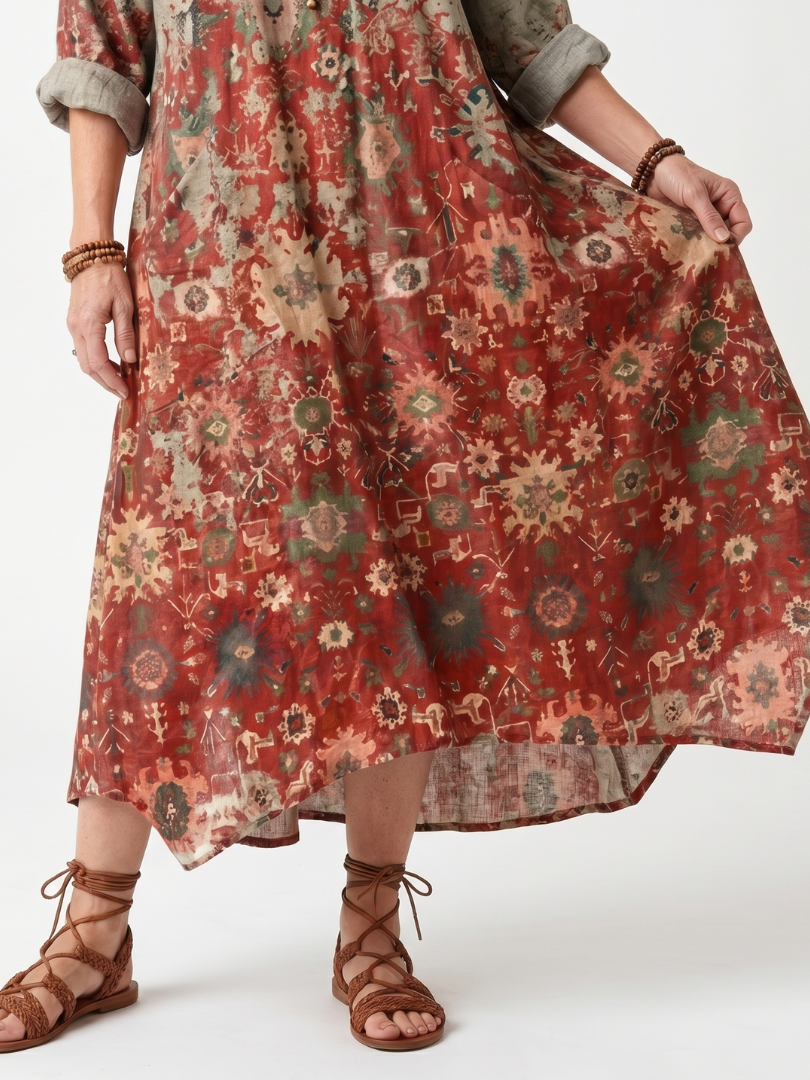 Roswitha — Rust Floral Mixed-Pattern Relaxed Midi Dress with Pockets