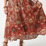 Roswitha — Rust Floral Mixed-Pattern Relaxed Midi Dress with Pockets