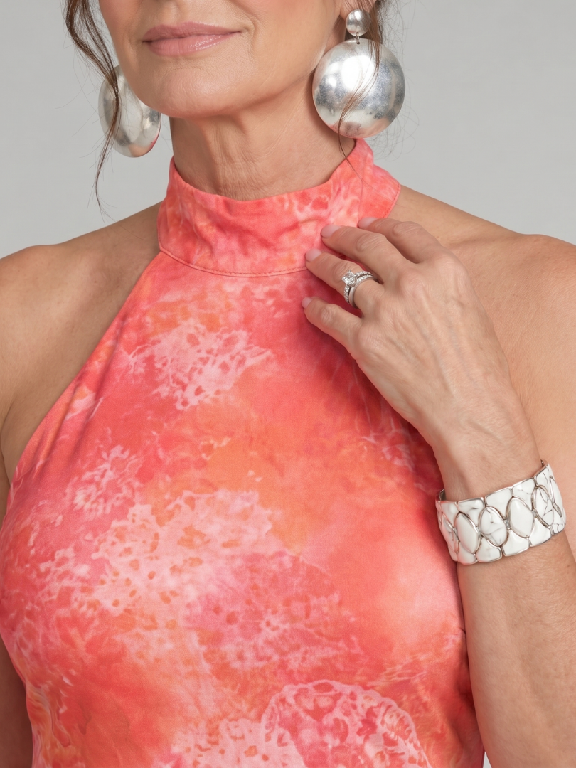 Fermina — Coral Printed Halter Maxi Dress with Fitted Shape