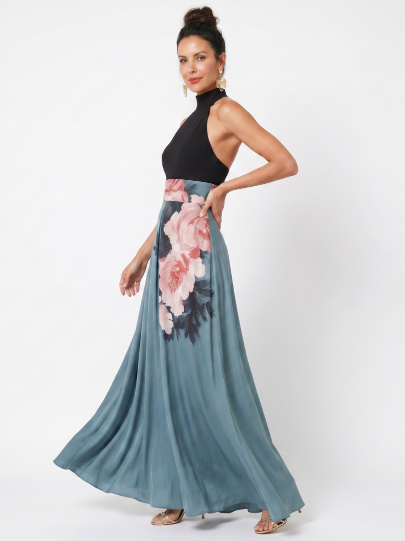 Keturah — Black Halter Bodice and Blue Rose-Print Maxi Dress with Front Slit