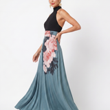 Keturah — Black Halter Bodice and Blue Rose-Print Maxi Dress with Front Slit