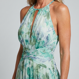 Dafne — Turquoise Floral Pleated Halter Midi Dress with Keyhole Neckline
