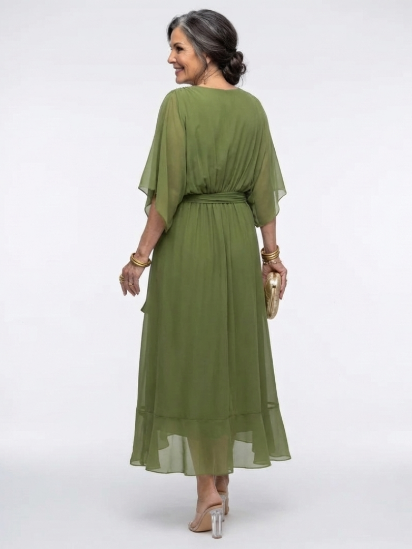 Berthilde — Draped V-Neck Midi Dress with Tie Waist and Flutter Sleeves