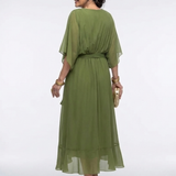 Berthilde — Draped V-Neck Midi Dress with Tie Waist and Flutter Sleeves