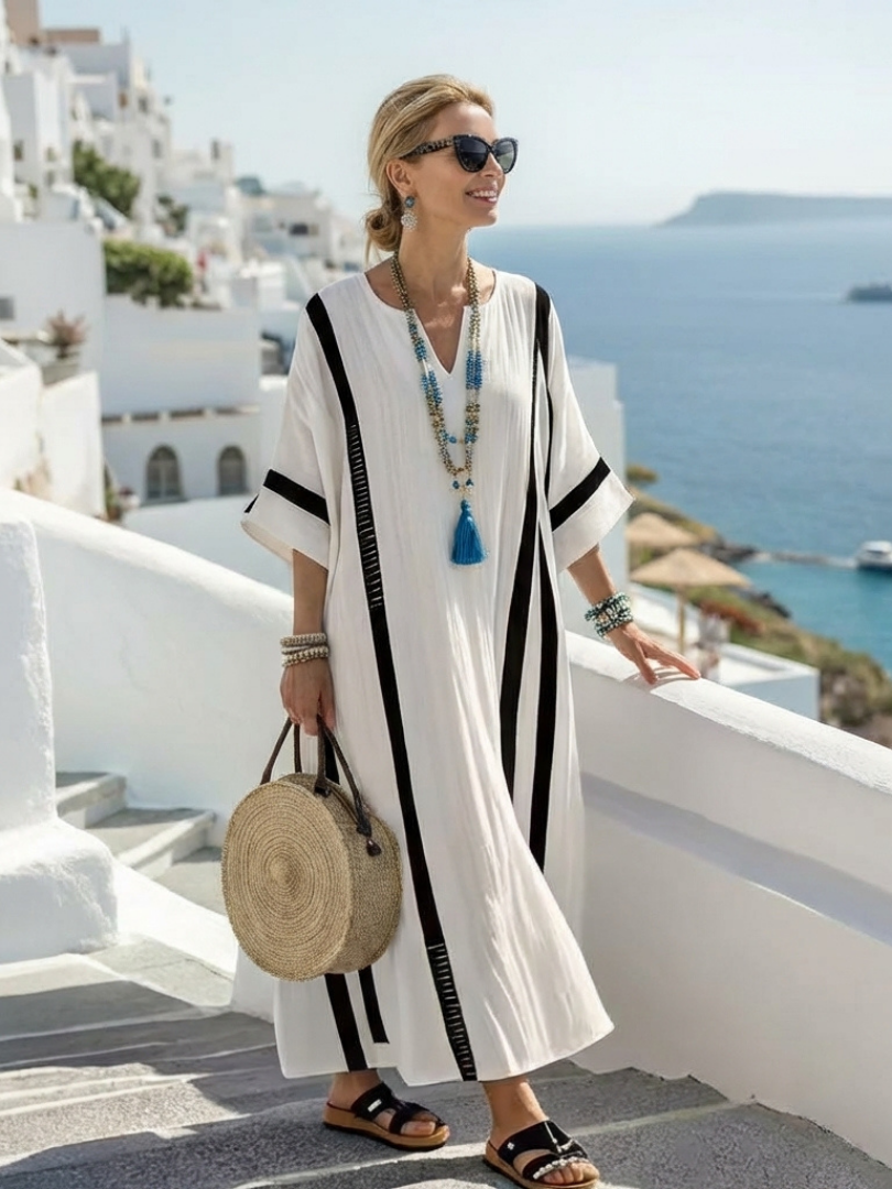 Katriel — White Maxi Dress with Black Stripe Trim and V-Neck