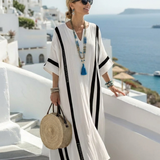 Katriel — White Maxi Dress with Black Stripe Trim and V-Neck