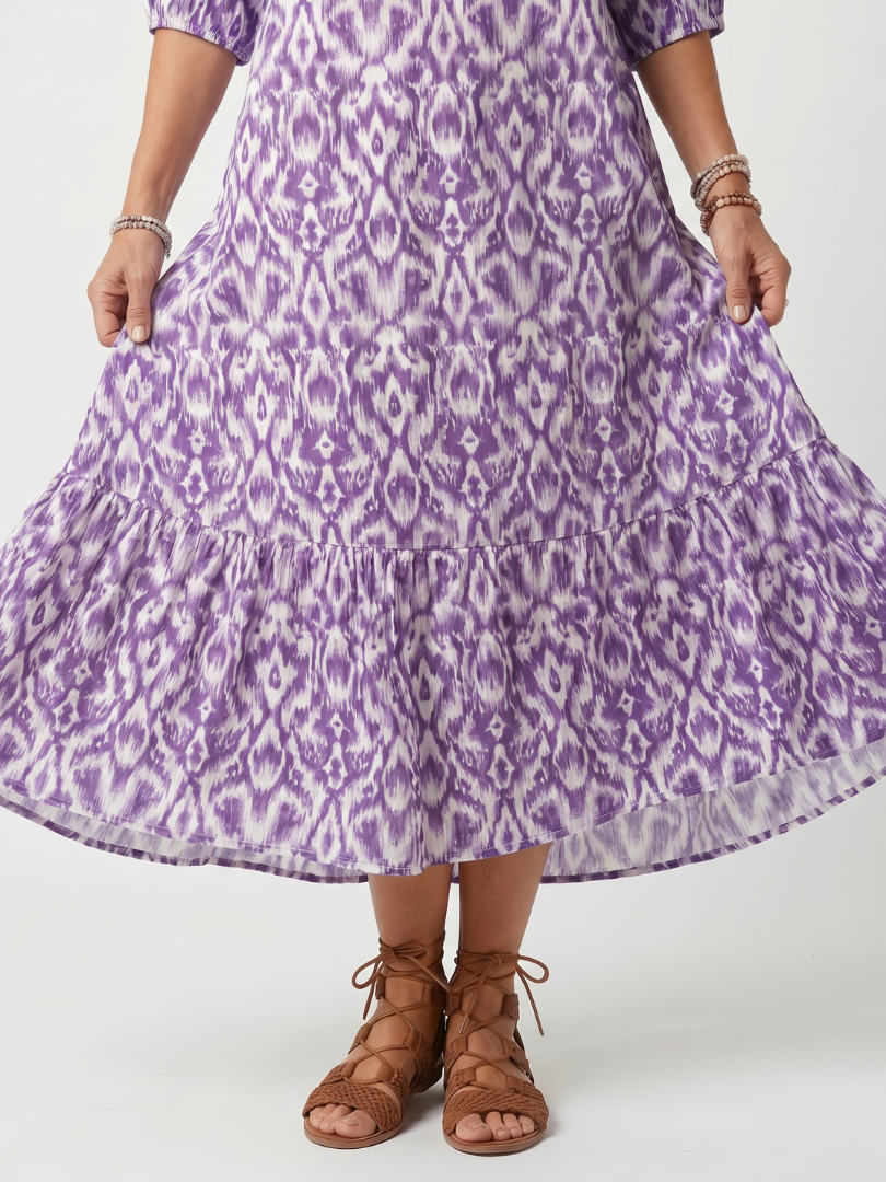 Orlaith — Purple Ikat-Print Tassel-Tie Maxi Dress with Tiered Skirt